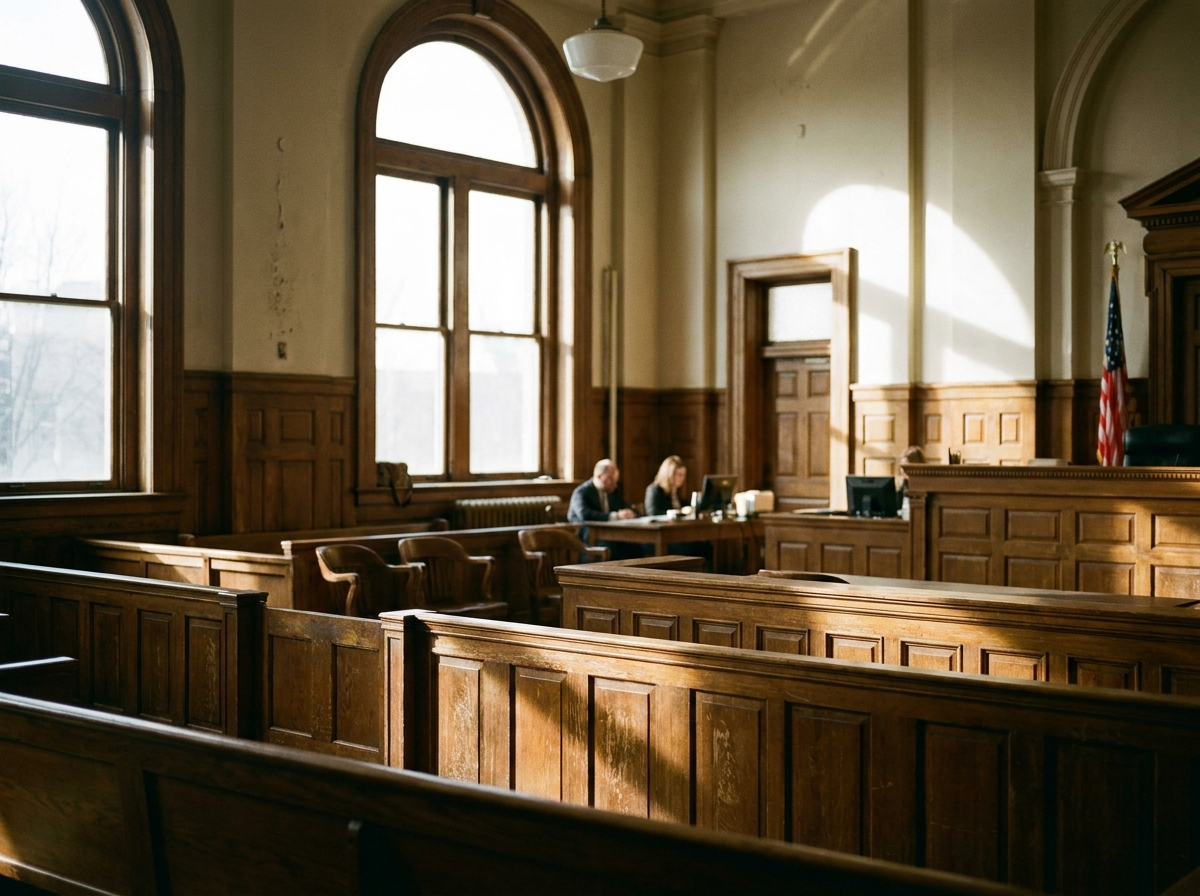 A courtroom interior with a judges bench, wood paneling, and natural light, representing legal interpreting services.