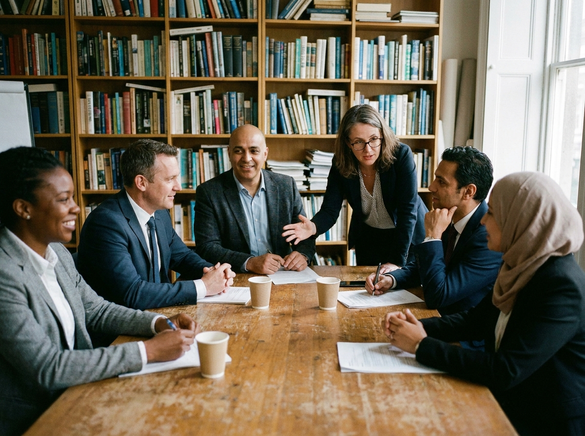 A diverse group of business professionals in a meeting with an interpreter facilitating, representing corporate interpreting.