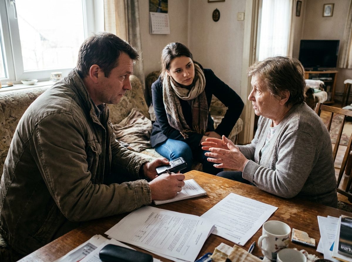 An insurance field investigator conducting an interview with an interpreter present, representing investigations interpreting.