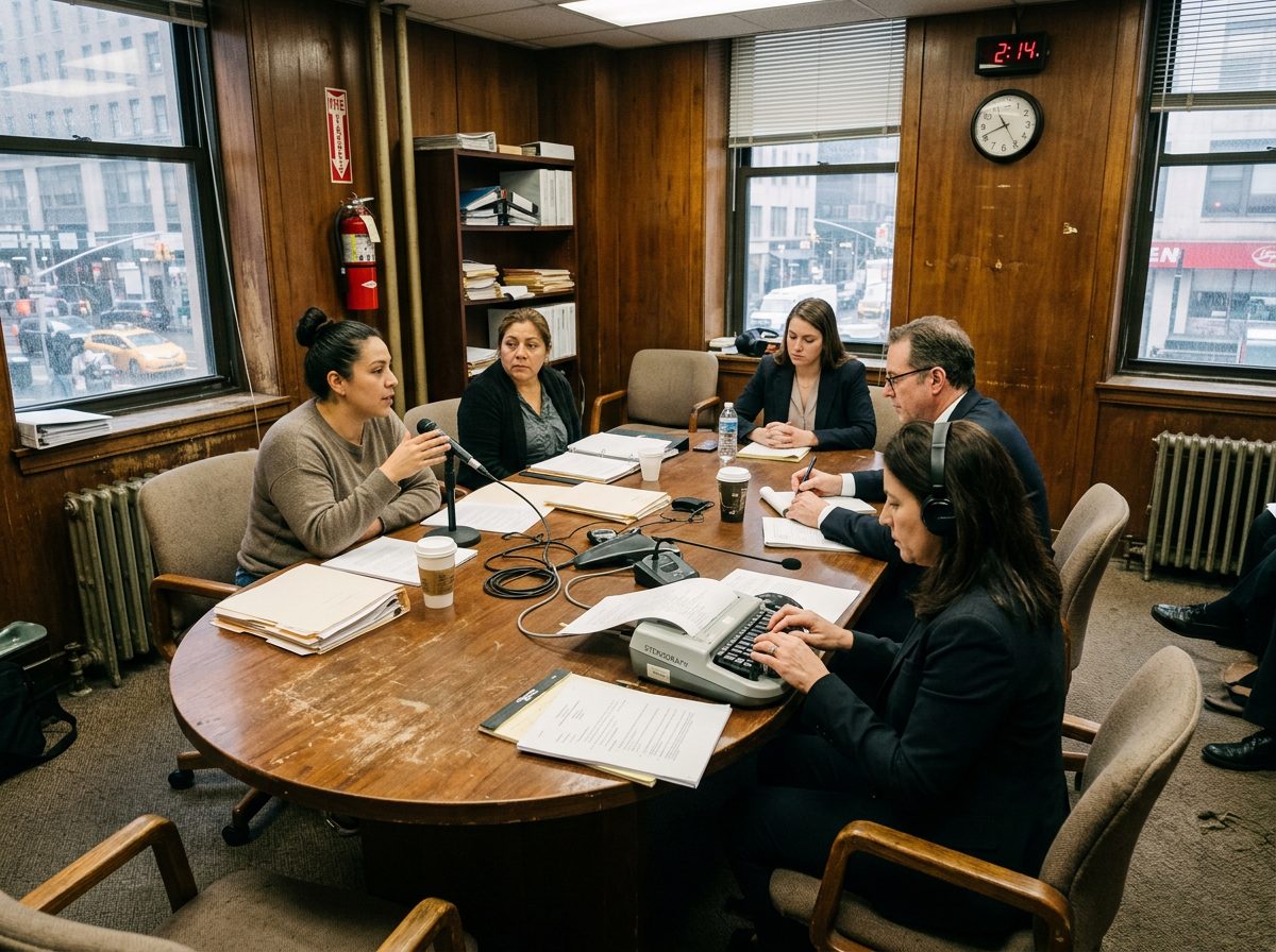 A courtroom or deposition room with attorneys and an interpreter present, representing legal interpreting.