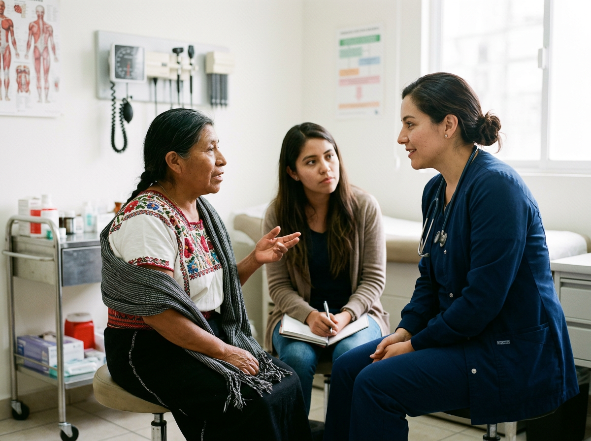 A doctor speaking with a patient with a professional interpreter present, representing medical interpreting.