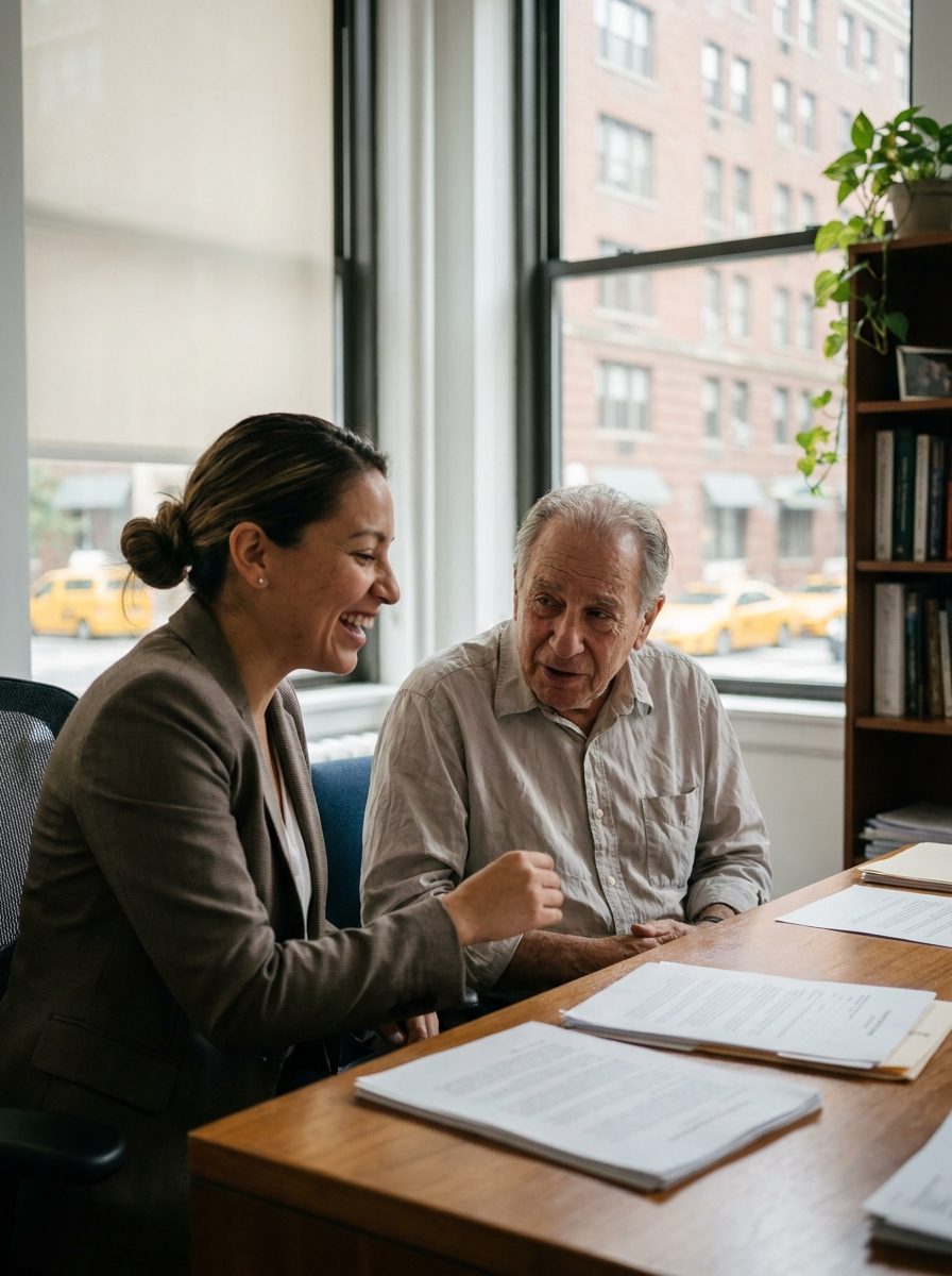 A professional interpreter in genuine conversation with a client in a bright NYC office.