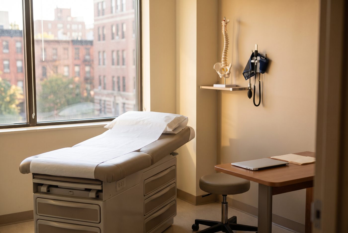 Empty clinic examination room set up for an independent medical examination, with an exam table, rolling stool and a file folder on the desk