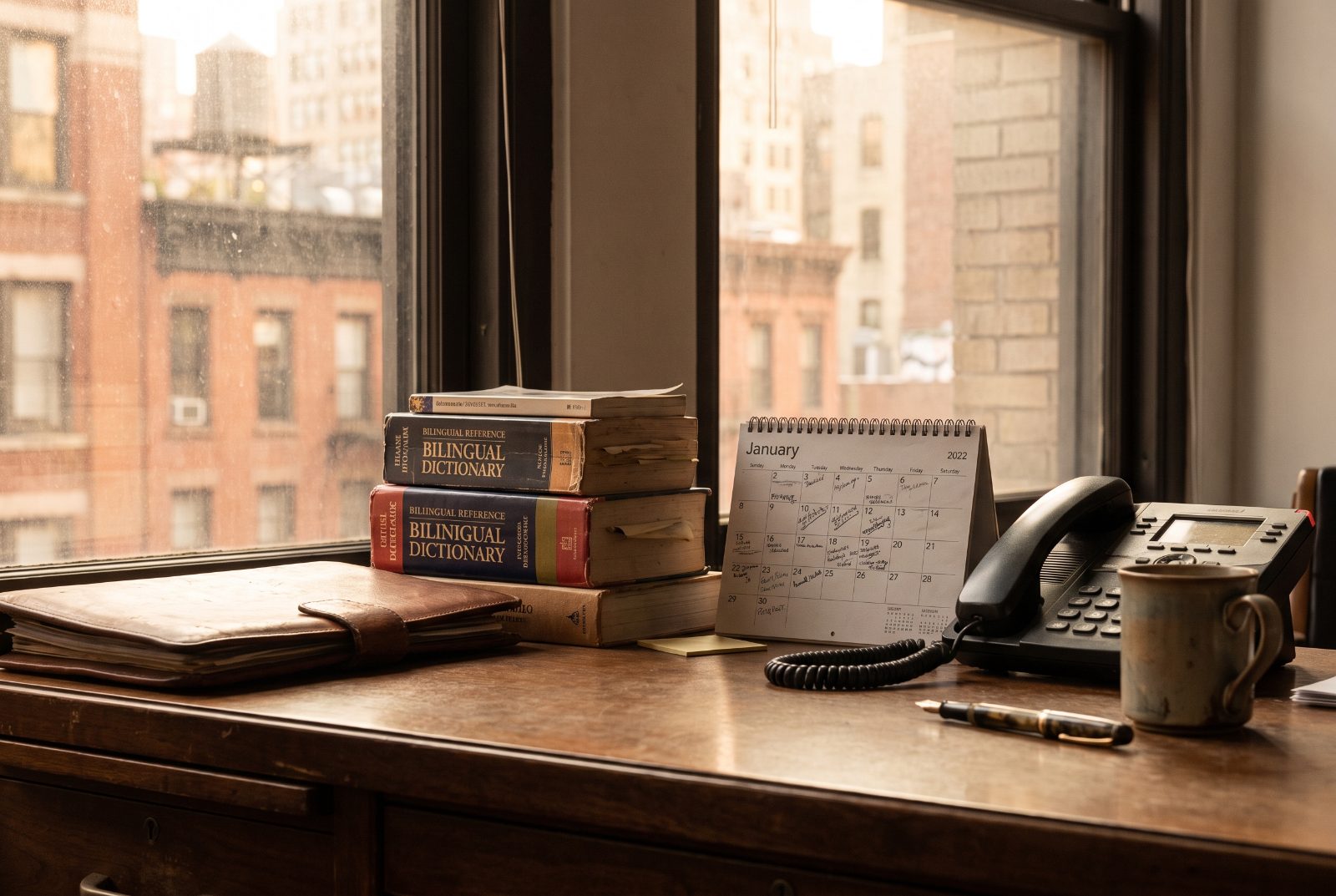 A working interpreter’s desk with a leather portfolio, bilingual dictionaries and a handwritten desk calendar in morning light