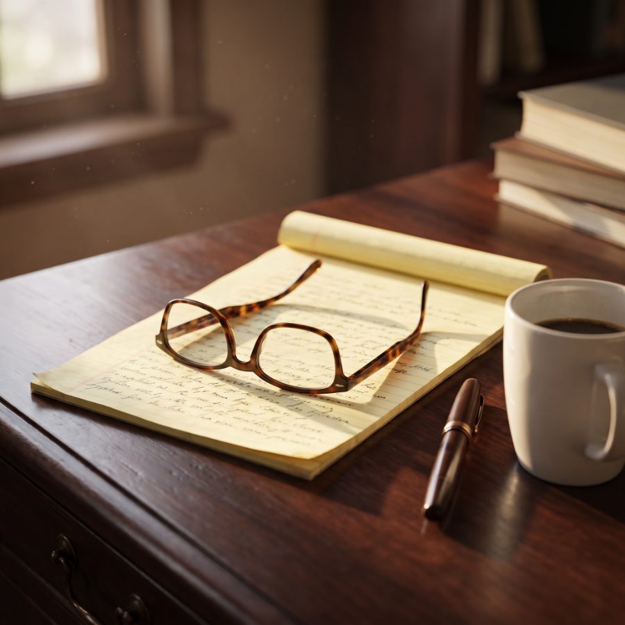 Reading glasses resting on an open legal pad of handwritten notes beside a fountain pen on a wooden desk