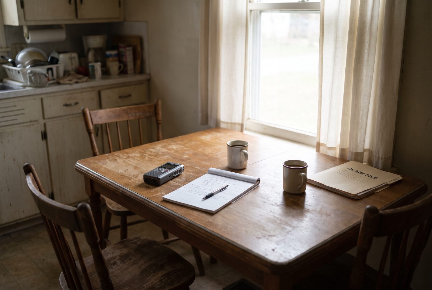 A kitchen table set up for a recorded insurance statement, with a handheld audio recorder, an open notepad and a claim file